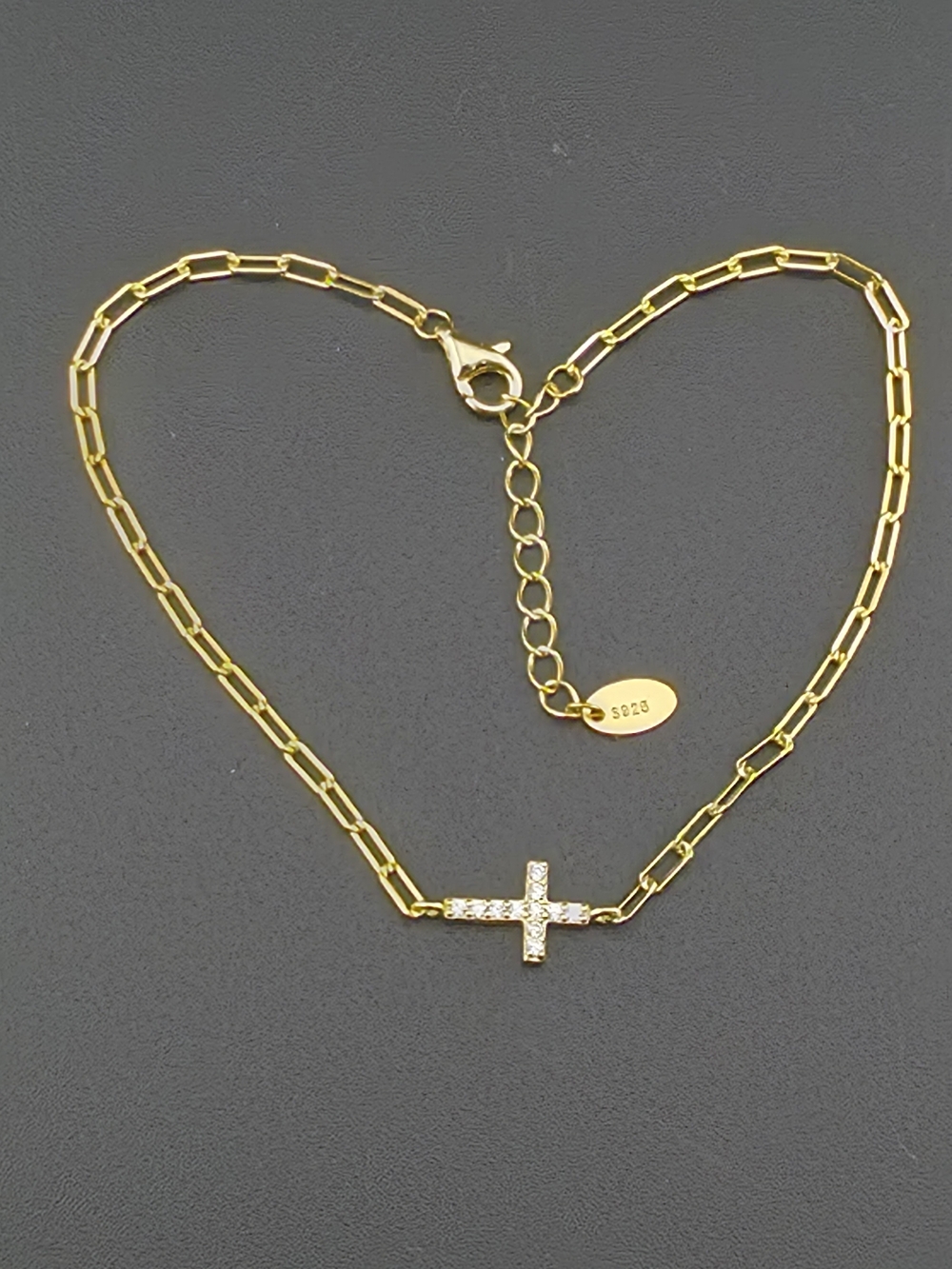 Delicate Gold On Sterling Vermeil Pave' Crystal Cross Chain Bracelet Adjusts